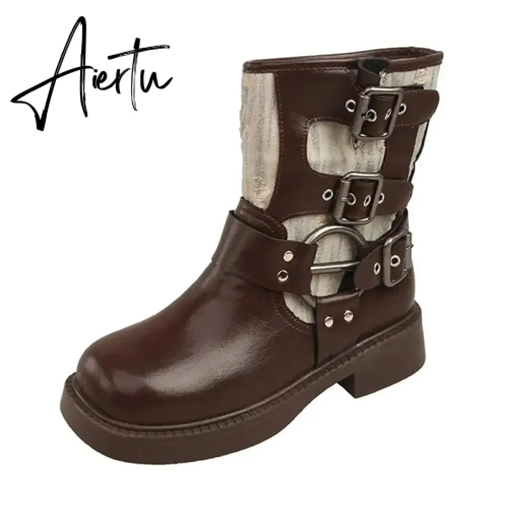 Metal Decor Chunky Platform Ankle Boots Women 2023 Autumn Patchwork Thick Bottom Motorcycle Boots Woman Pu Leather Short Booties