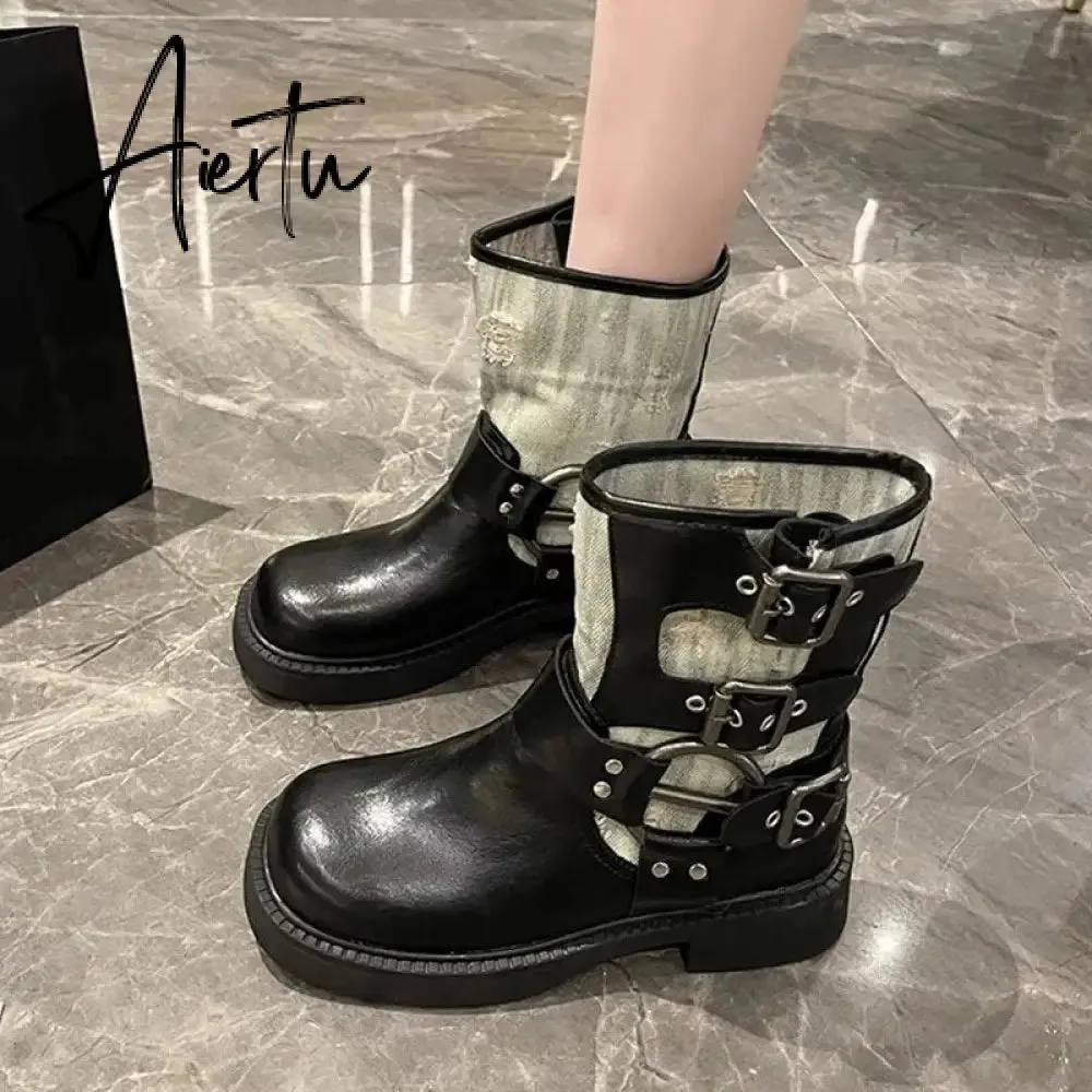 Metal Decor Chunky Platform Ankle Boots Women 2023 Autumn Patchwork Thick Bottom Motorcycle Boots Woman Pu Leather Short Booties