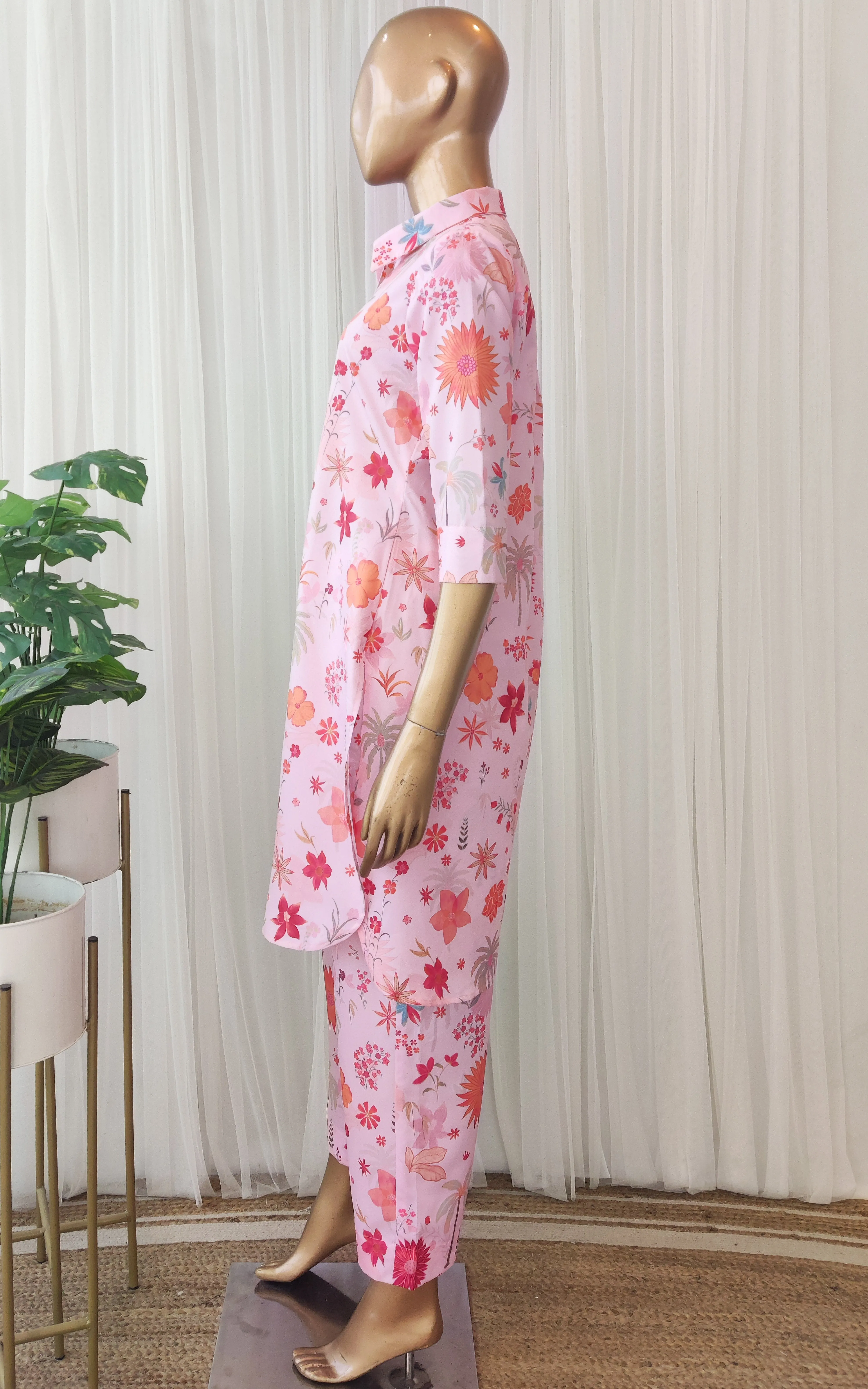 Pink Tropical Print Crepe Co-Ord Set