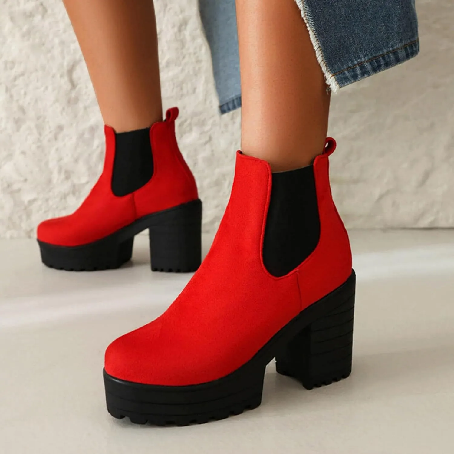 Platform Ankle Boots for Women,Womens Ankle Boots Elastic Chelsea Boots Round Toe Chunky Block Heel Booties Slip on Fall Short Boots Casual Comfortable Lug Sole Non Slip Walking Boots