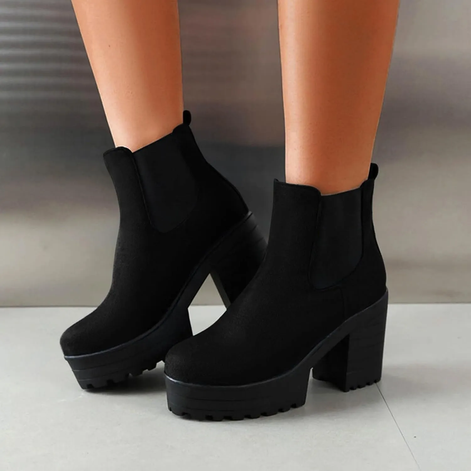 Platform Ankle Boots for Women,Womens Ankle Boots Elastic Chelsea Boots Round Toe Chunky Block Heel Booties Slip on Fall Short Boots Casual Comfortable Lug Sole Non Slip Walking Boots