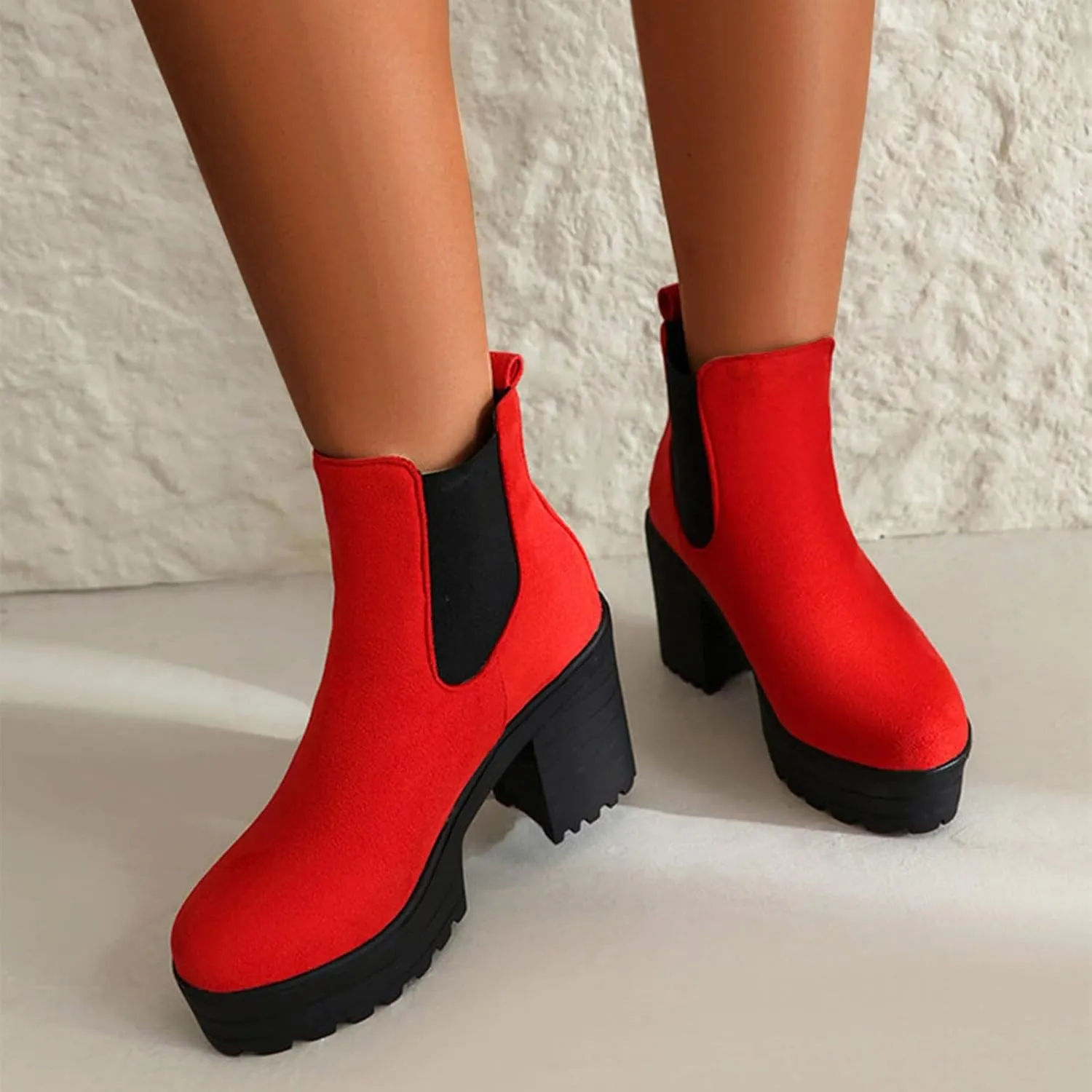 Platform Ankle Boots for Women,Womens Ankle Boots Elastic Chelsea Boots Round Toe Chunky Block Heel Booties Slip on Fall Short Boots Casual Comfortable Lug Sole Non Slip Walking Boots
