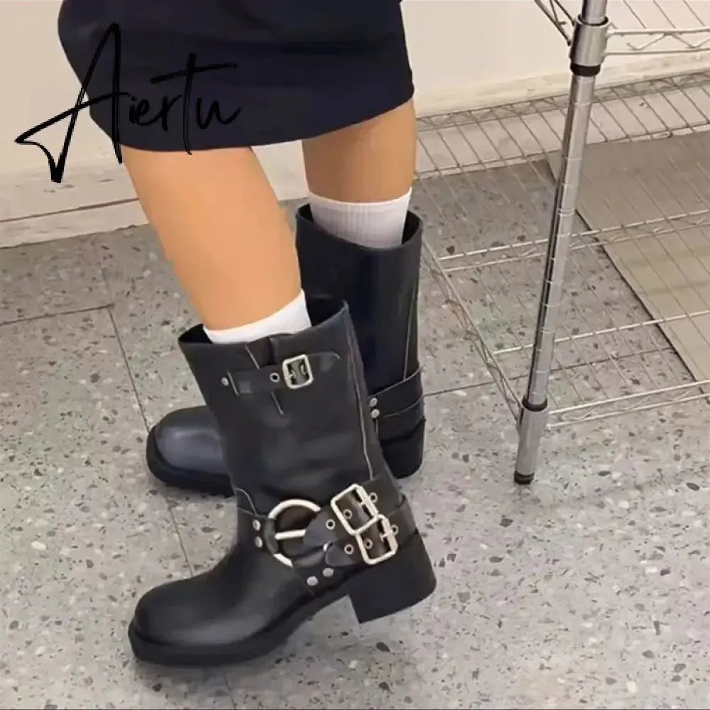 Rimocy Fashion Buckle Motorcycle Boots Women Round Toe Med Heels Ankle Boots Woman Pu Leather Square Heel Autumn Booties