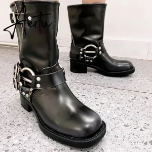 Rimocy Fashion Buckle Motorcycle Boots Women Round Toe Med Heels Ankle Boots Woman Pu Leather Square Heel Autumn Booties