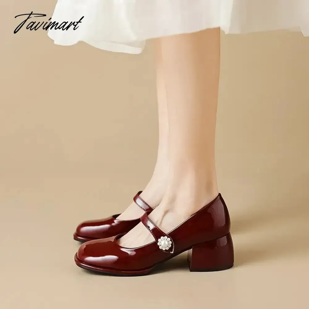 Tavimart Women's Chunky Block Pumps Slip On Low Heel Closed Round Toe Dress Classic Mid Square Shoes Wedding Party Office Lady Shoes