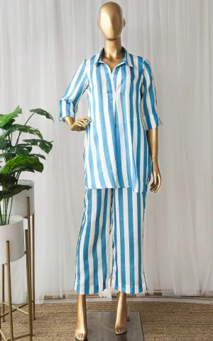 Teal Blue Striped Co-Ord Set