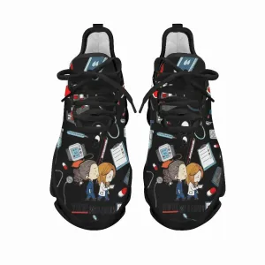 Unisex Black Nursing Shoes Cute Cartoon Nurse Doctor Healthcare Brand Design Men Women Mesh Flats Sneakers