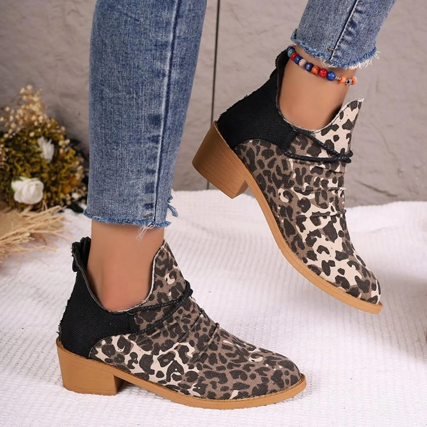 Women's Ankle Boots Low Heel Short Fall Booties Pointed Toe Chunky Heels Leopard Print Western Booties Canvas Slip On Chelsea Boots Fashion Casual Comfy Walking Boot for Party Travel