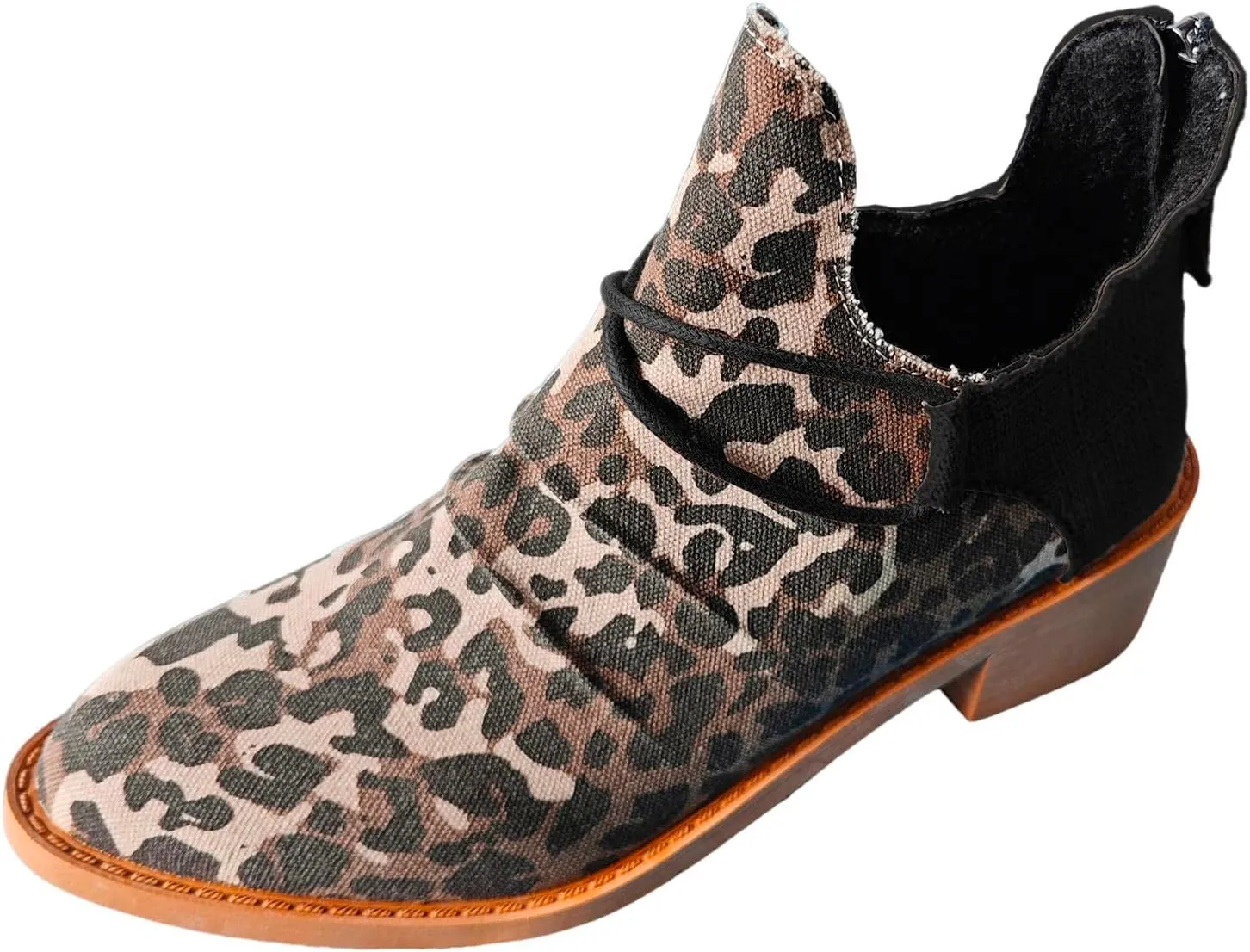 Women's Ankle Boots Low Heel Short Fall Booties Pointed Toe Chunky Heels Leopard Print Western Booties Canvas Slip On Chelsea Boots Fashion Casual Comfy Walking Boot for Party Travel