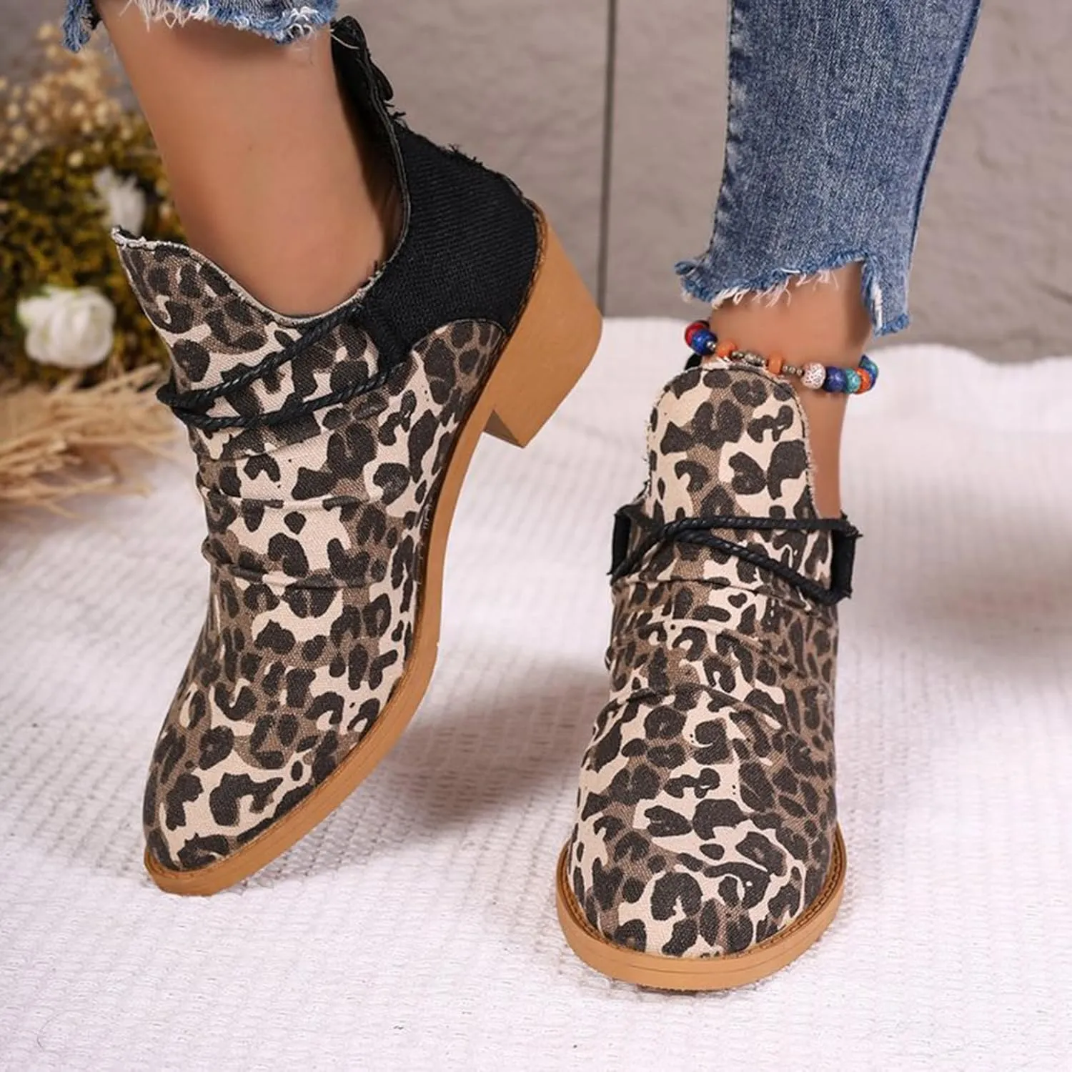 Women's Ankle Boots Low Heel Short Fall Booties Pointed Toe Chunky Heels Leopard Print Western Booties Canvas Slip On Chelsea Boots Fashion Casual Comfy Walking Boot for Party Travel