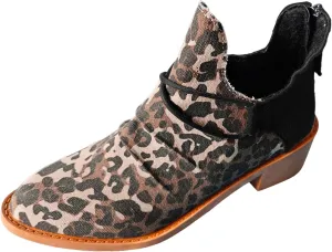 Women's Ankle Boots Low Heel Short Fall Booties Pointed Toe Chunky Heels Leopard Print Western Booties Canvas Slip On Chelsea Boots Fashion Casual Comfy Walking Boot for Party Travel