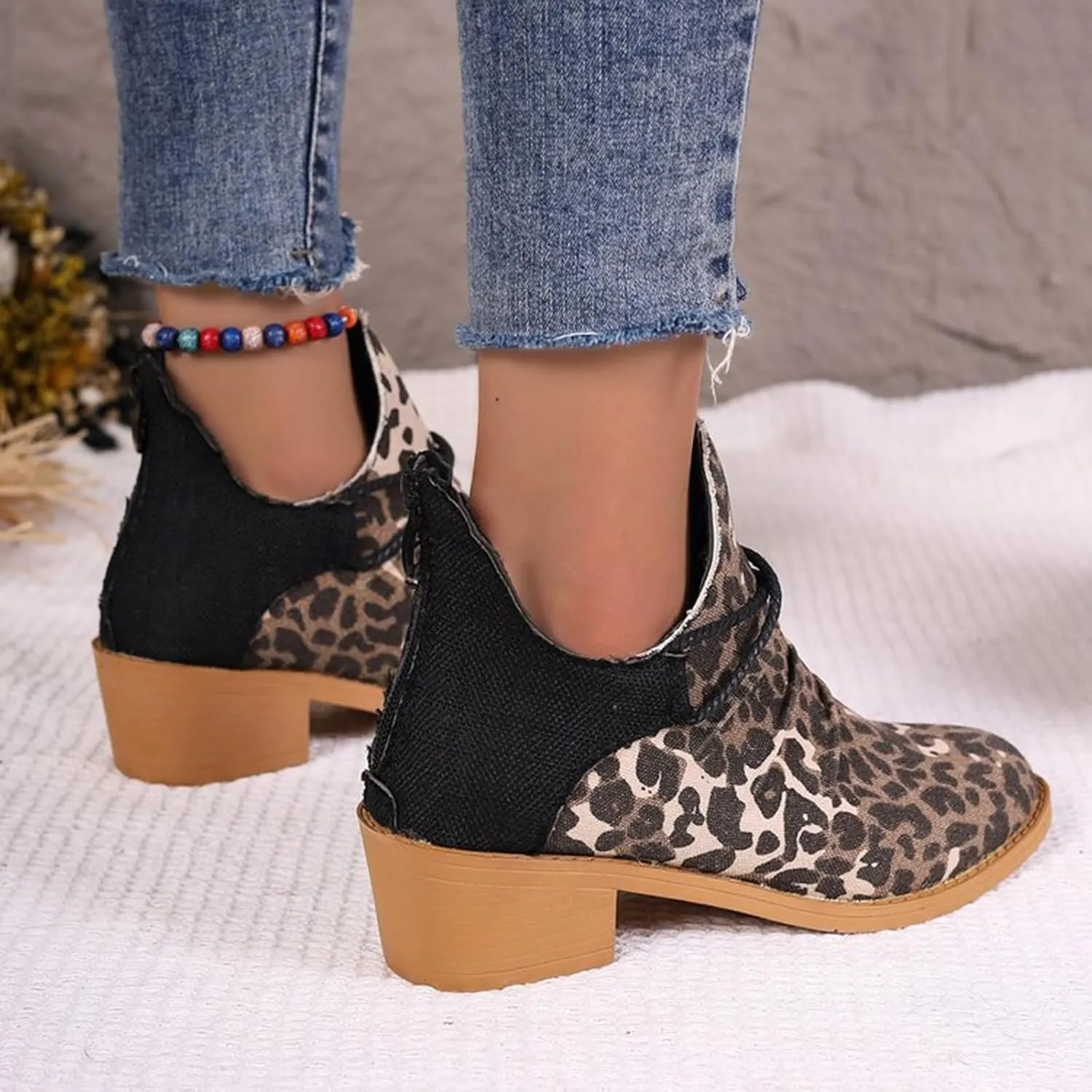 Women's Ankle Boots Low Heel Short Fall Booties Pointed Toe Chunky Heels Leopard Print Western Booties Canvas Slip On Chelsea Boots Fashion Casual Comfy Walking Boot for Party Travel