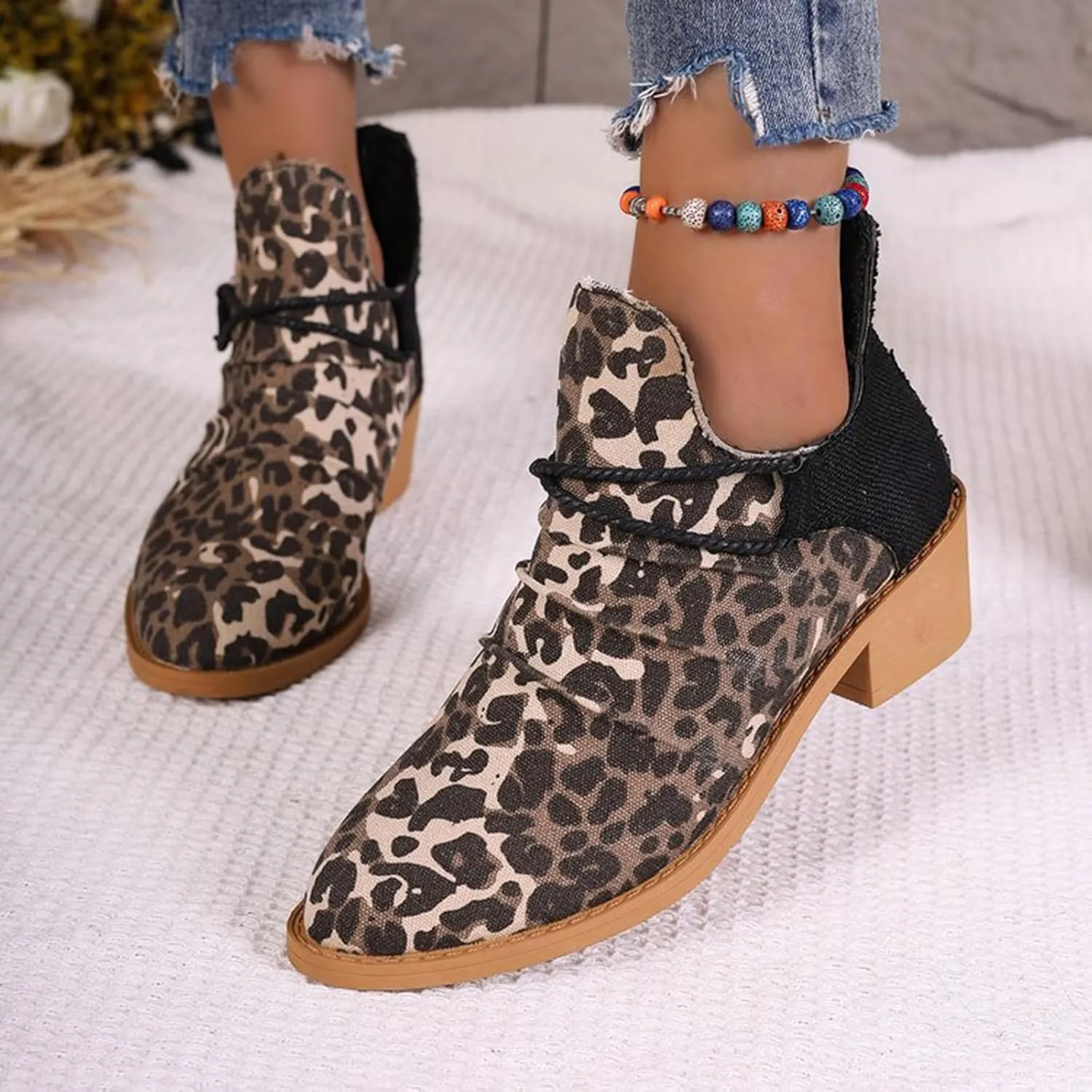 Women's Ankle Boots Low Heel Short Fall Booties Pointed Toe Chunky Heels Leopard Print Western Booties Canvas Slip On Chelsea Boots Fashion Casual Comfy Walking Boot for Party Travel