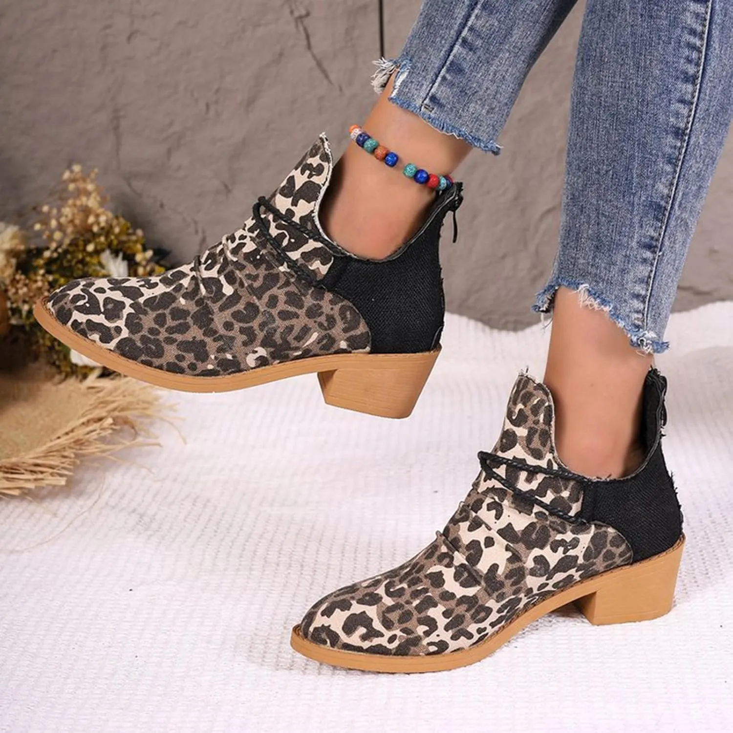 Women's Ankle Boots Low Heel Short Fall Booties Pointed Toe Chunky Heels Leopard Print Western Booties Canvas Slip On Chelsea Boots Fashion Casual Comfy Walking Boot for Party Travel