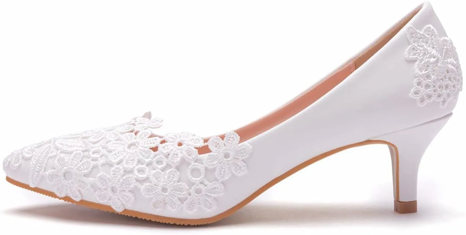 Women's High Heels, White Bridal Bridesmaid Dress Shoes Comfortable Shallow Mouth Lace Flower Wedding Party Photo Low Heeled Casual Shoes Adult, 43 EU,White