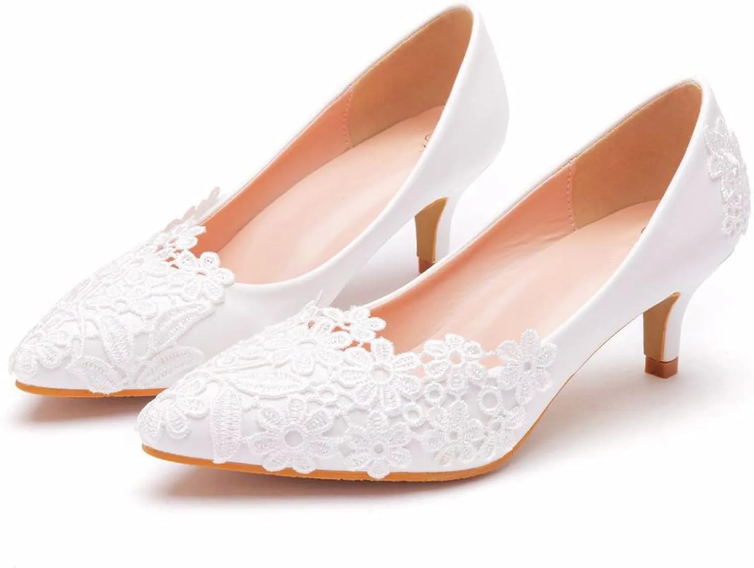 Women's High Heels, White Bridal Bridesmaid Dress Shoes Comfortable Shallow Mouth Lace Flower Wedding Party Photo Low Heeled Casual Shoes Adult, 43 EU,White